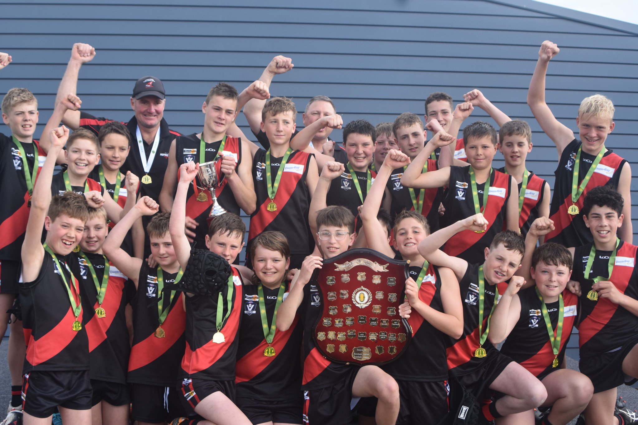 Noradjuha Quantong celebrate the under 14 HDFNL football premiership after defeating Taylors Lake Rupanyup 52-33 in Saturday's grand final.