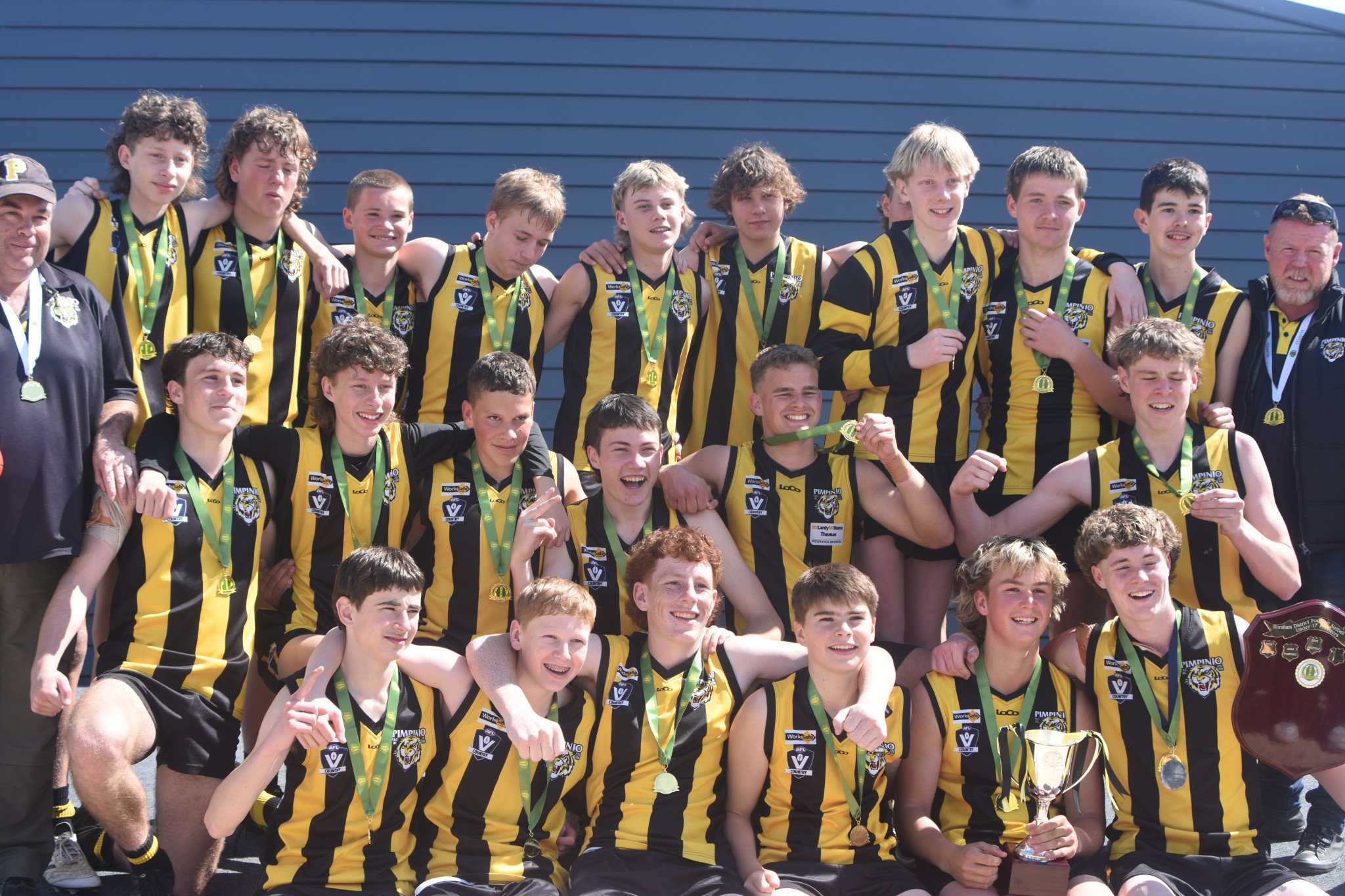 Pimpinio's 2025 Horsham District Football Netball League under 17 premiership team. 2025 marked Pimpinio's fourth-straight under 17s premiership.