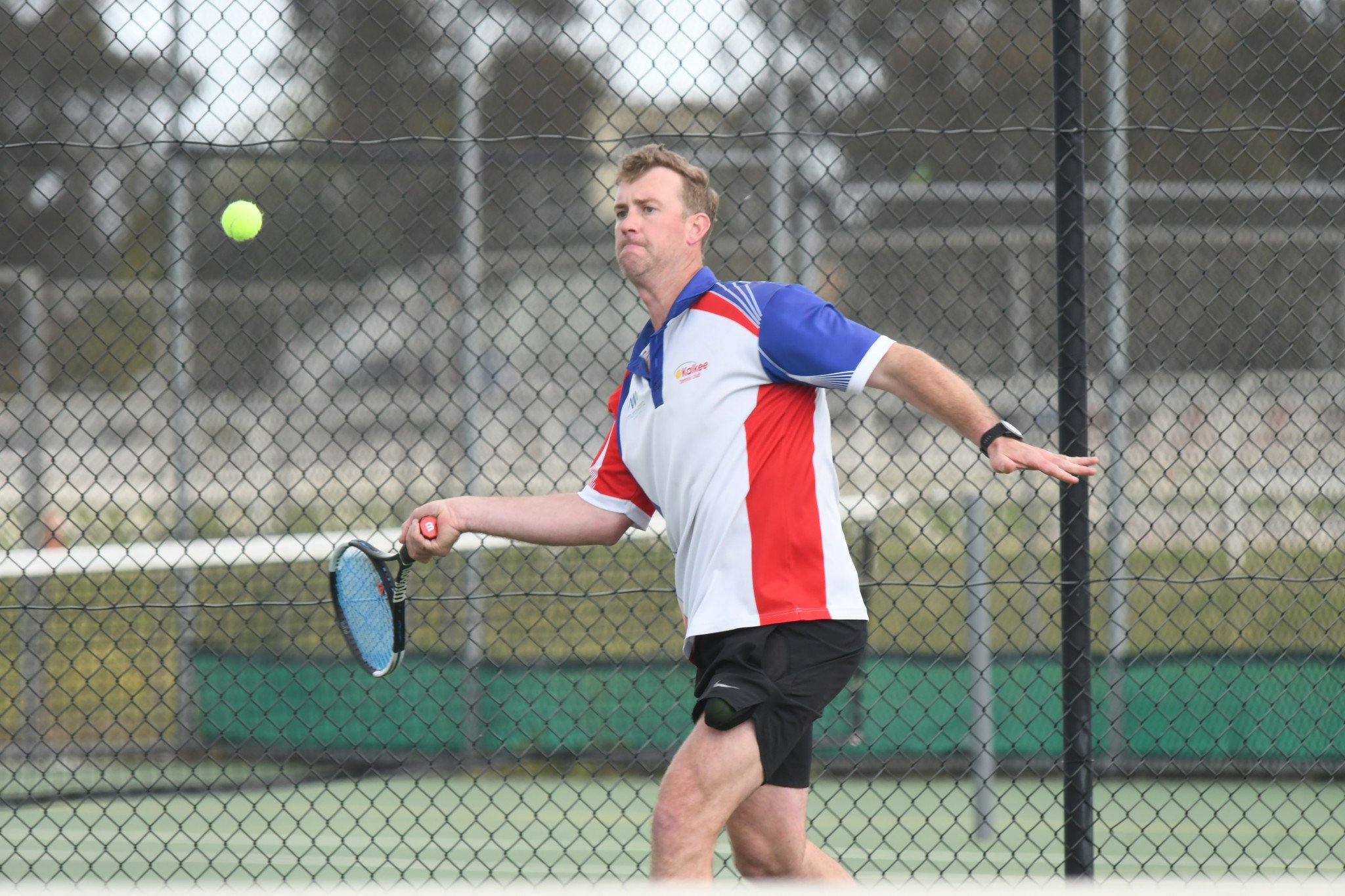 Kalkee's Luke Byrne watches the ball during a rally against Central Park on Saturday in round two of the Central Wimmera pennant competition.