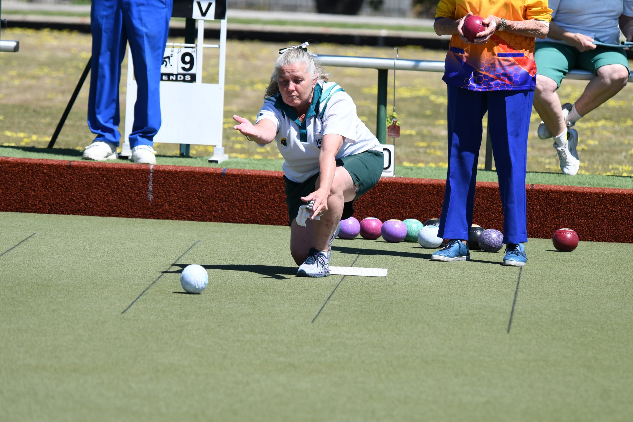 Belinda Puglisi holds her follow-through during Kaniva's division three match against Sunnyside.