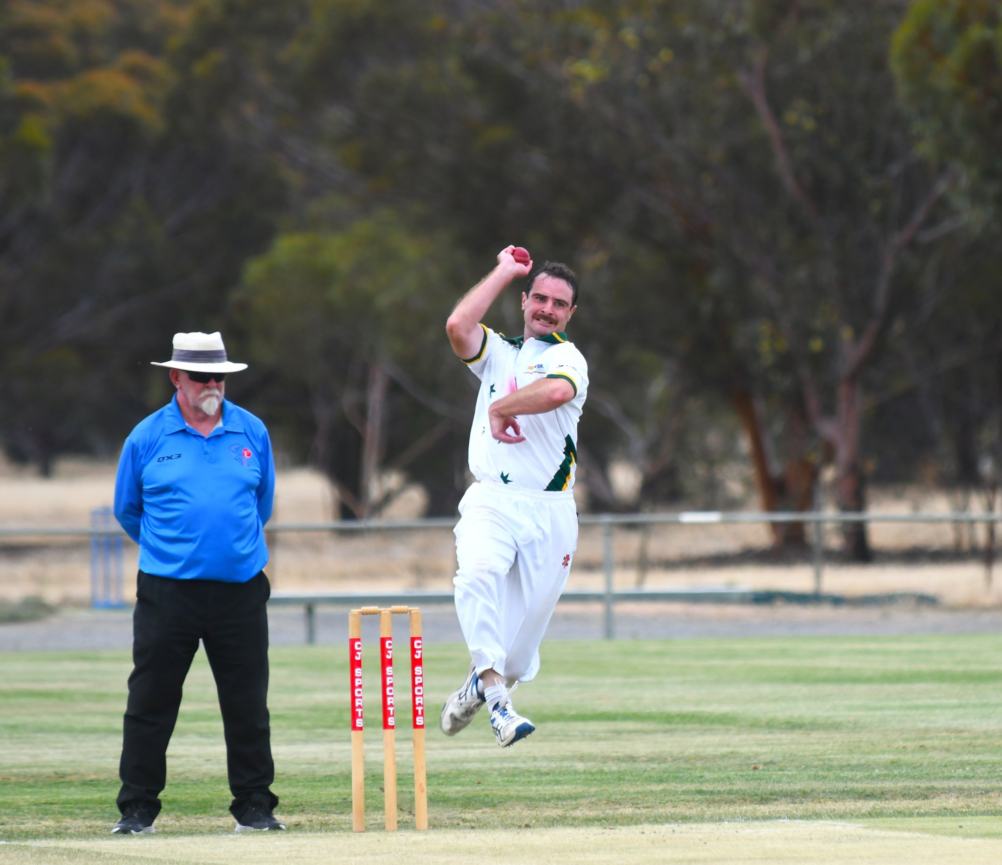 West Wimmera's Josh Lees steams in to bowl against Brim KSH. The Warriors' paceman finished with 5/10 as he helped his side dismiss Brim KSH for 85. West Wimmera were 3/58 in reply at stumps on day one.