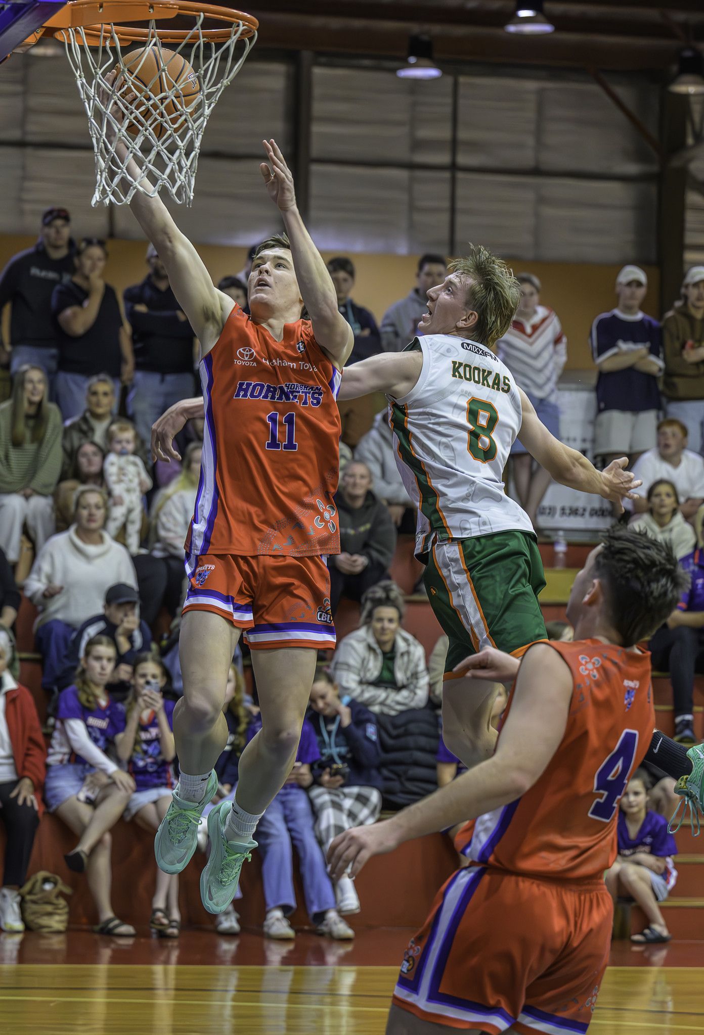 Judd Wright skies for the layup against Colac. Wright had 17 points as the Hornets defeated Colac 108-79, their fourth straight win.
