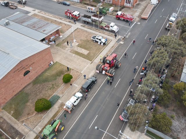 An aerial photo of the line-up of farm vehicles at the Woomelang protest against renewables on farmland.