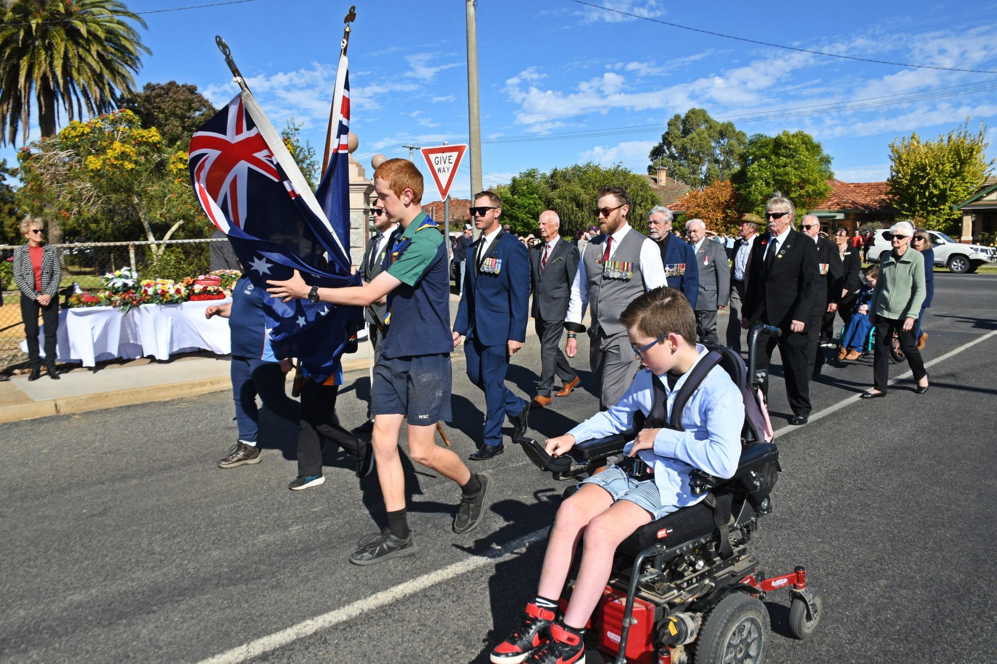 The 1st Warracknabeal Scout Group leads the Commemorative March in Warracknabeal.