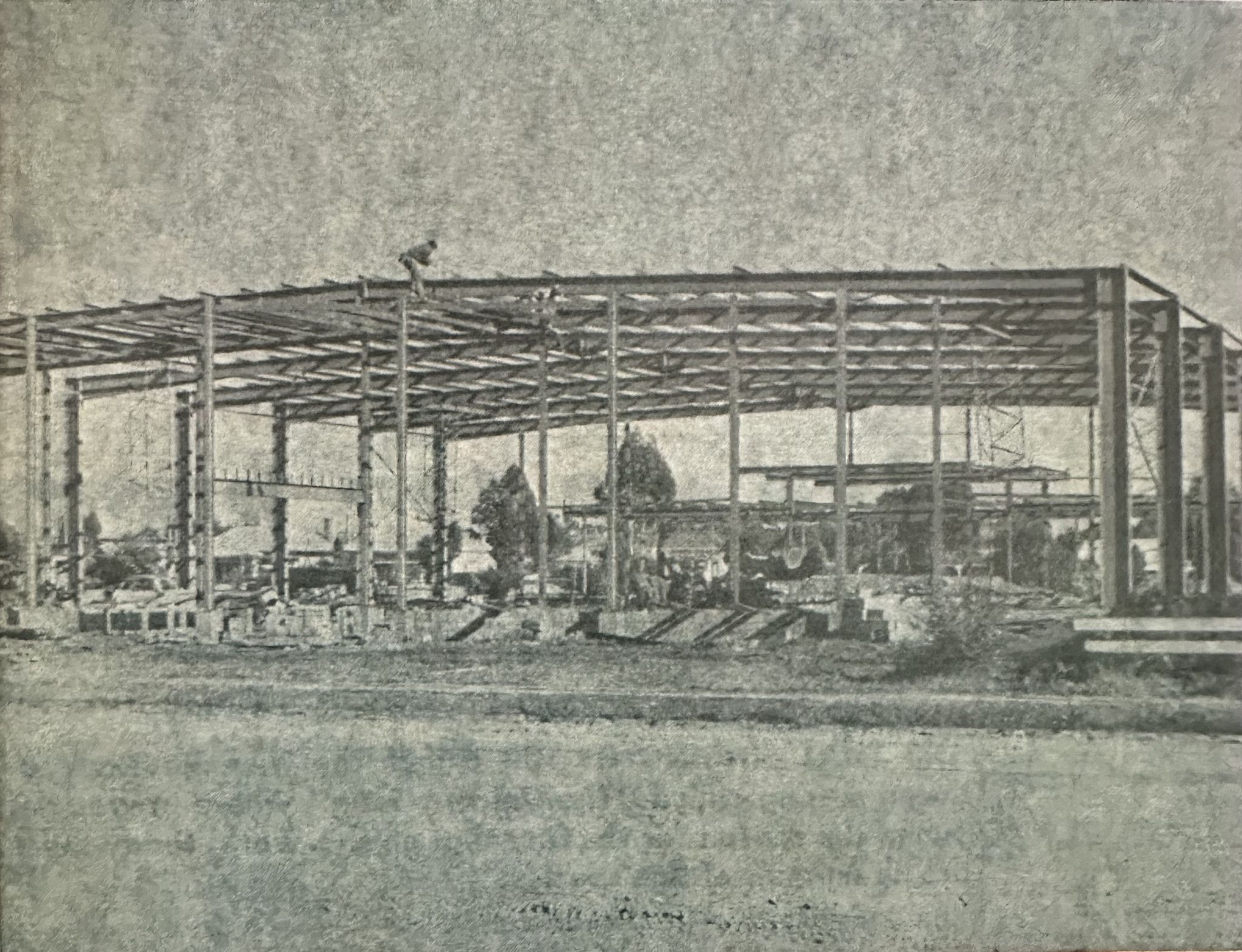 The steel framework was erected on May 24, 1974.