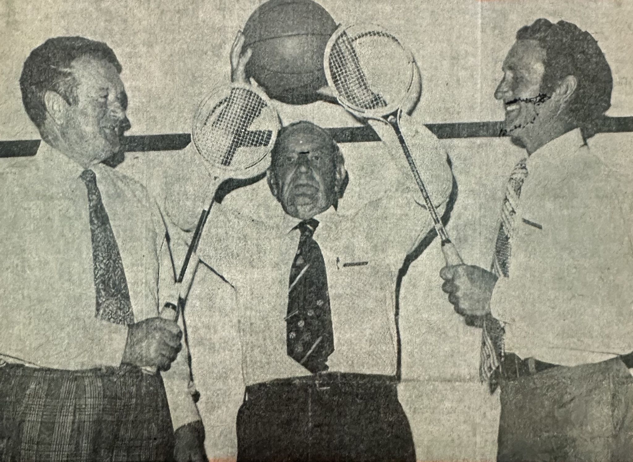 The Sporting Complex was officially opened in December, 1975. Pictured is Jock Granter (left) with a squash racquet, ready to battle with Cr George Armstrong, chairman of the Sporting Complex Working Committee while shire president Cr Herb Binns holds a basketball.