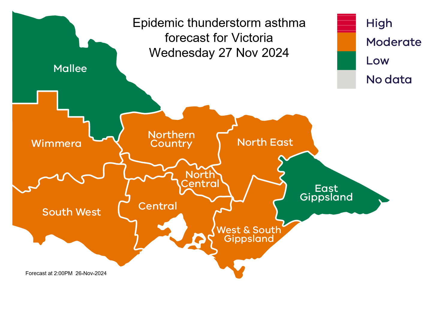 Victoria's epidemic Thunderstorm Asthma forecast, Wednesday, November 27, 2024. Map supplied by the Victorian Department of Health