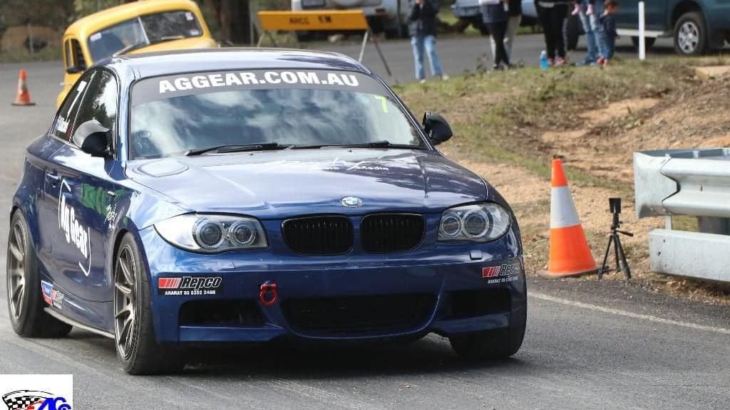 Sponsors play a huge part in Nathaniel Kuchel's ride to the top of his sport in his bright blue BMW. Seen here at Ararat at the Hillclimb in August 2024. Picture supplied