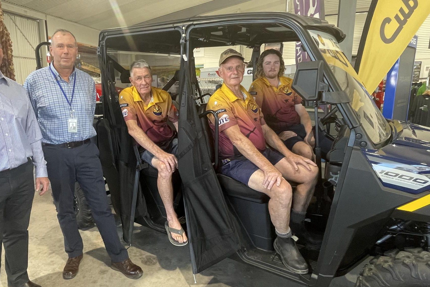 Horsham Rural City Council CEO Craig Niemann, HRCC Mayor, Cr Ian Ross, and Natimuk Field and Game club members take delivery of new vehicle to transport elderly and mobility challenged members. Picture by Sheryl Lowe.