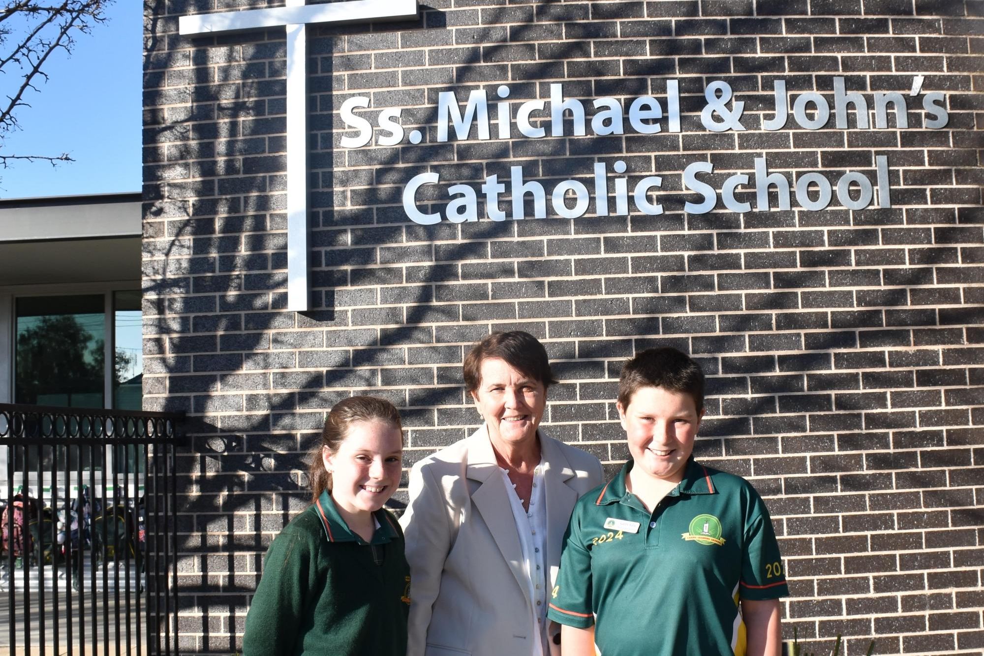 St Michael and John's Catholic School -Halle A, Principal Louise Chesterfield, Larry Ellis. School Captains and Principal celebrating the state government grant and the strong future of our school. Picture by Jane Overman
