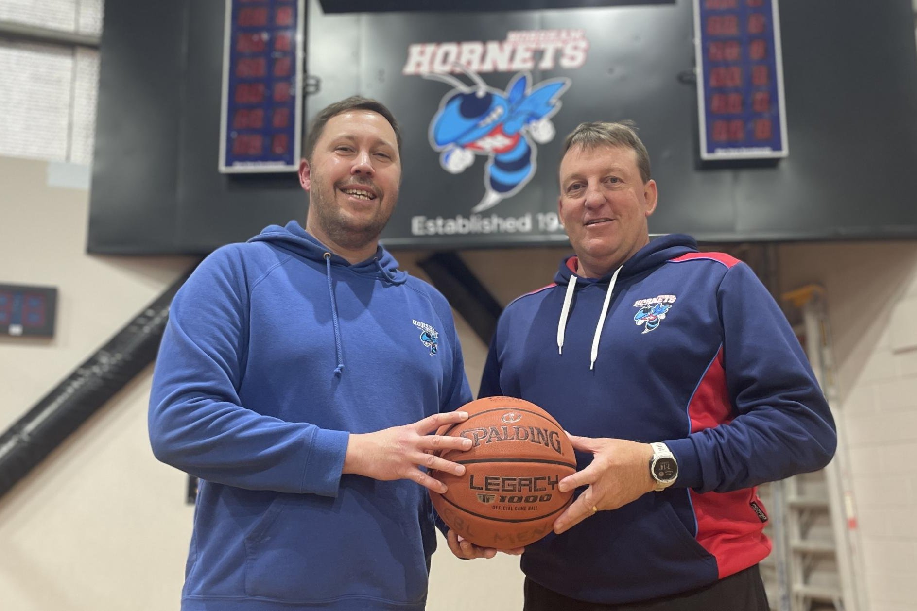 Horsham Hornets assistant coach Matt Lovel and head coach Scott Benbow at the Horsham Basketball Stadium on Tuesday, September 24. Picture by Lucas Holmes