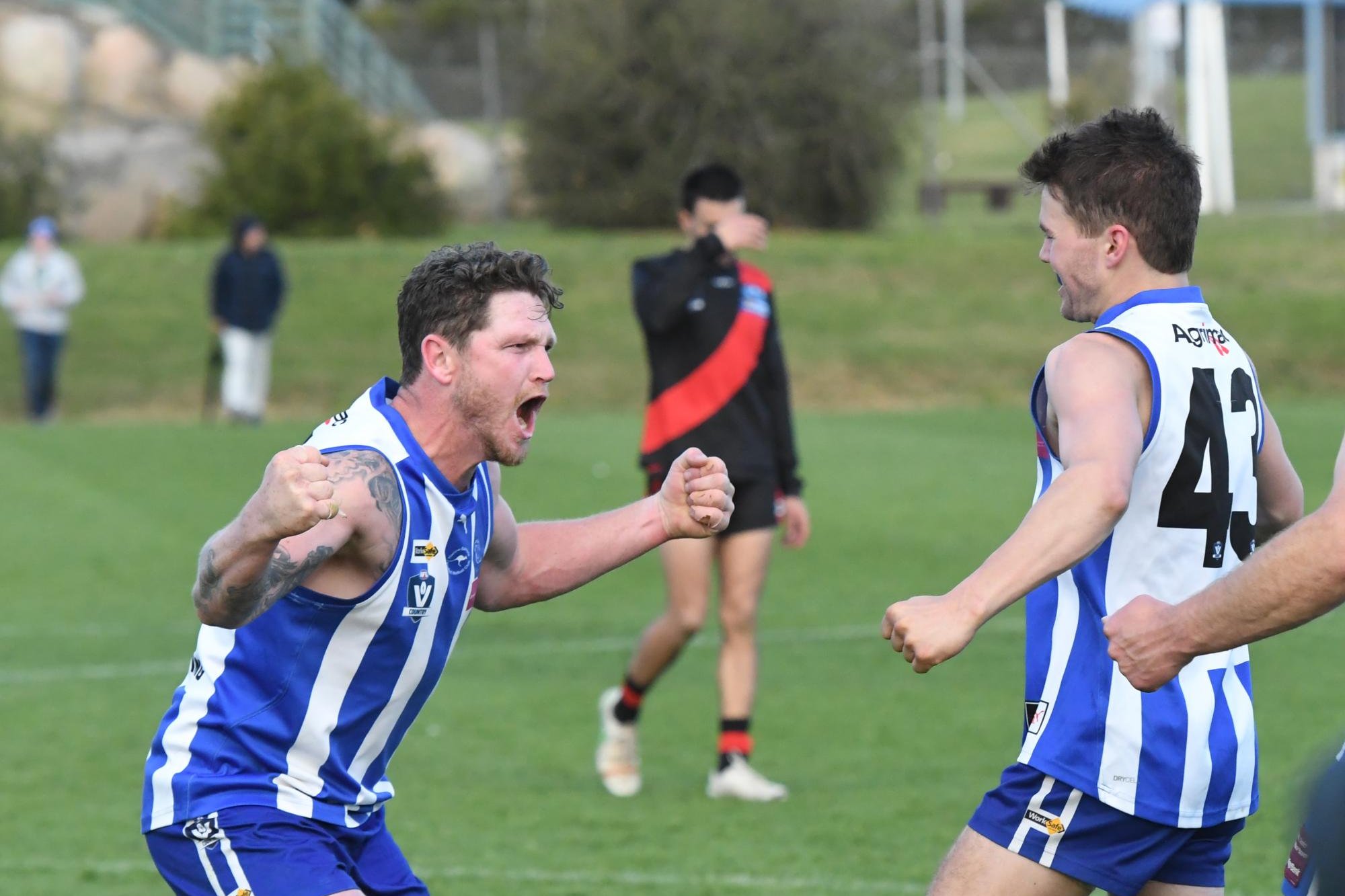 Harrow Balmoral senior coach Jai Thompson celebrates after the final siren of the HDFNL seniors' grand final against Harrow Balmoral at North Park on Saturday, September 14. Picture by Lucas Holmes 