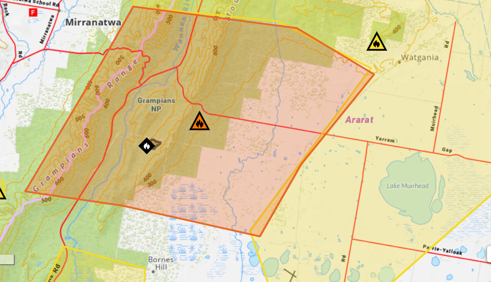 There is a watch an act warning in place for a bushfire in the Grampians National Park near Yarram Gap Road. Picture supplied by VicEmergency 