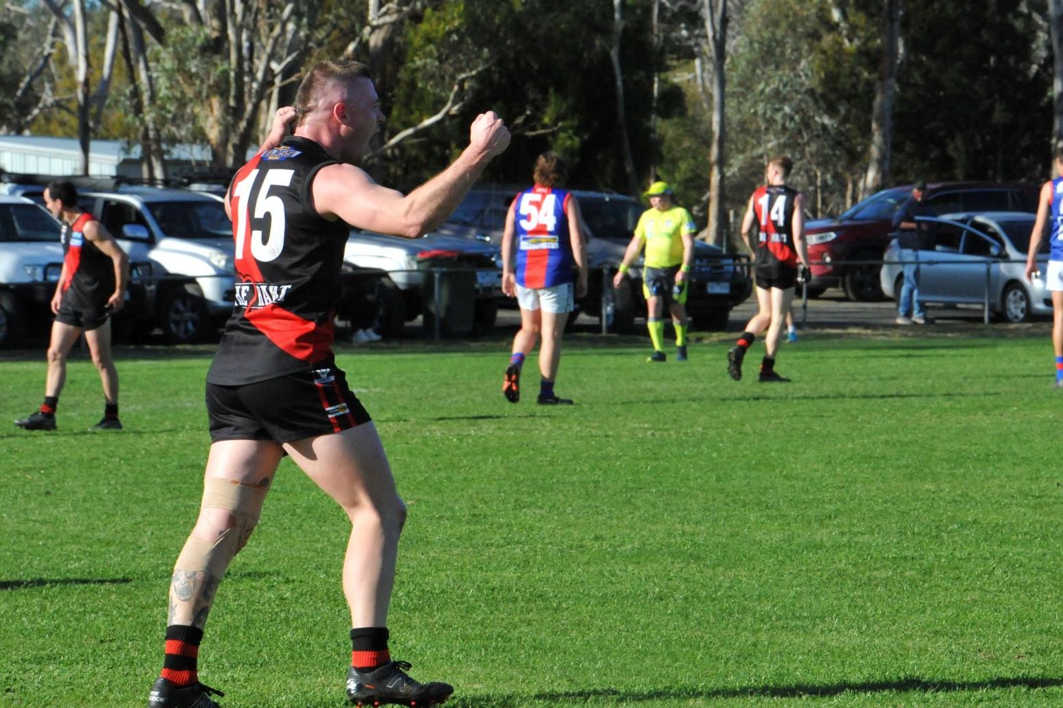 Noradjuha Quantong's Brock Orval celebrates a goal in the HDFNL's first elimination final against Rupanyup at Harrow Reserve. Picture by John Hall