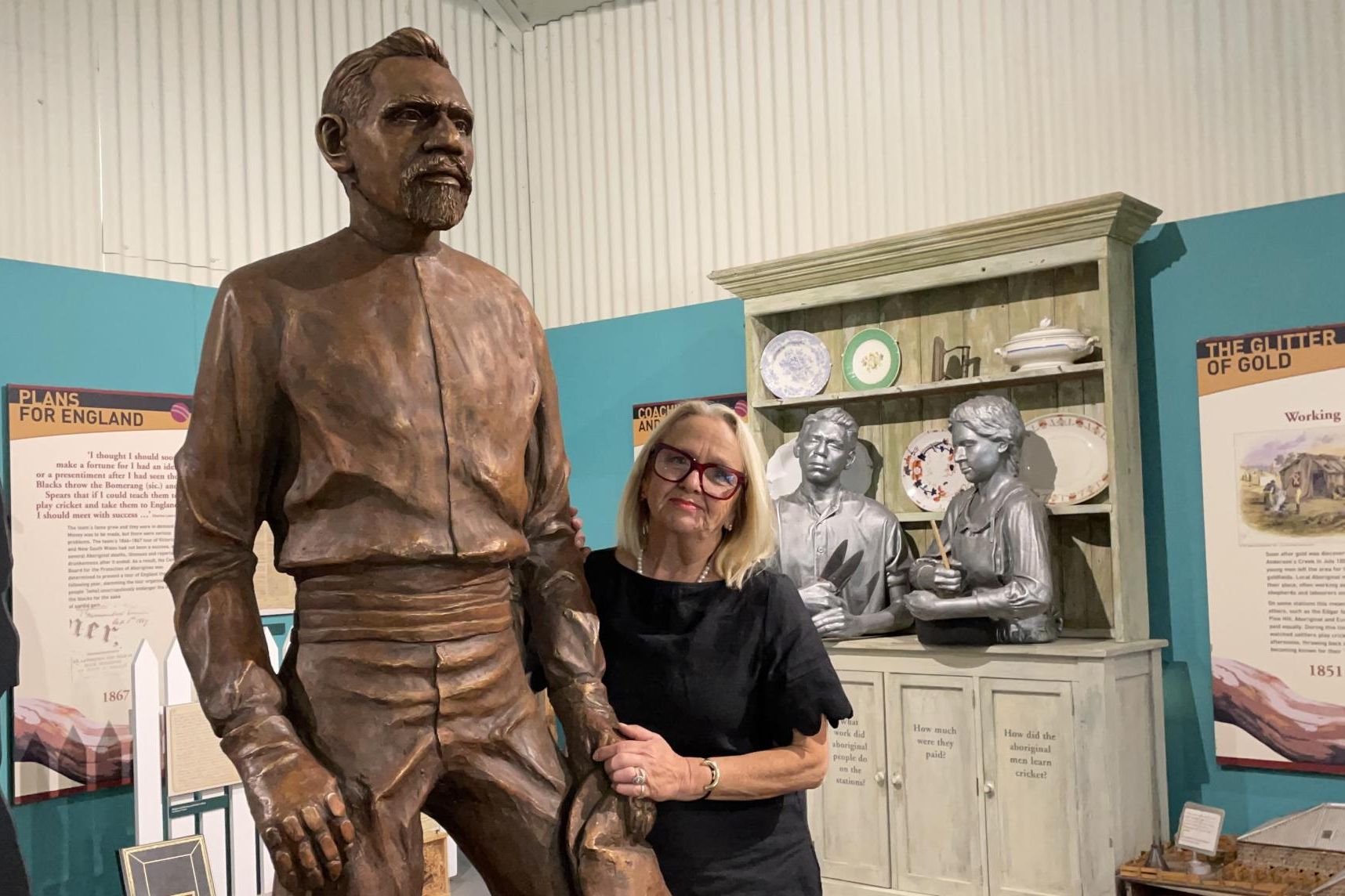 Manager of the Johnny Mullagh Interpretive Centre and the Harrow Discovery Centre, Josie Sangster stands next to a statue of Johnny Mullagh inside the museum. Picture by John Hall