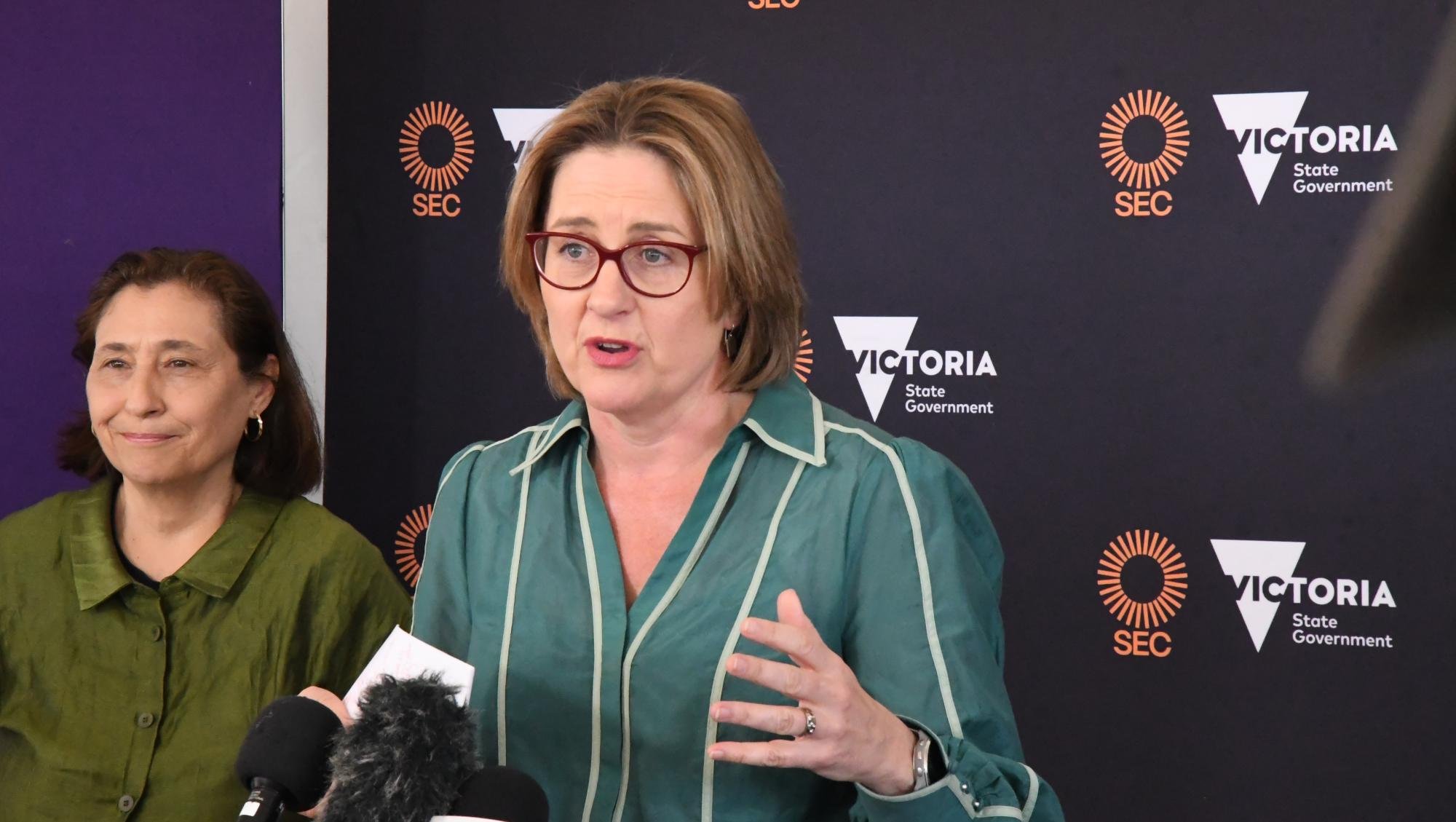 Victorian premier Jacinta Allen addresses the media at the launch event for Horsham's SEC renewable energy Park. Picture by John Hall 