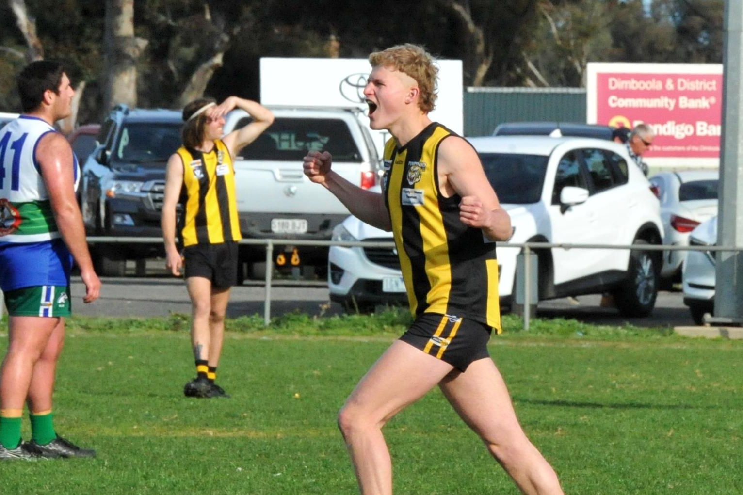 Pimpinio's Thomas Baker celebrates a goal for the Tigers against Kaniva Leeor United in round 16 of the HDFNL. Picture by John Hall