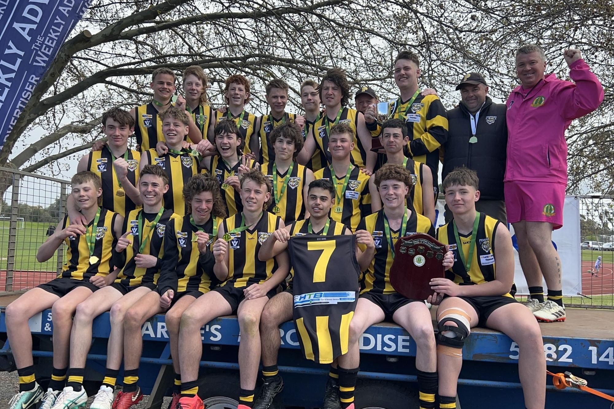 Pimpinio Tigers under 17s team celebrates winning the 2024 HDFNL premiership.