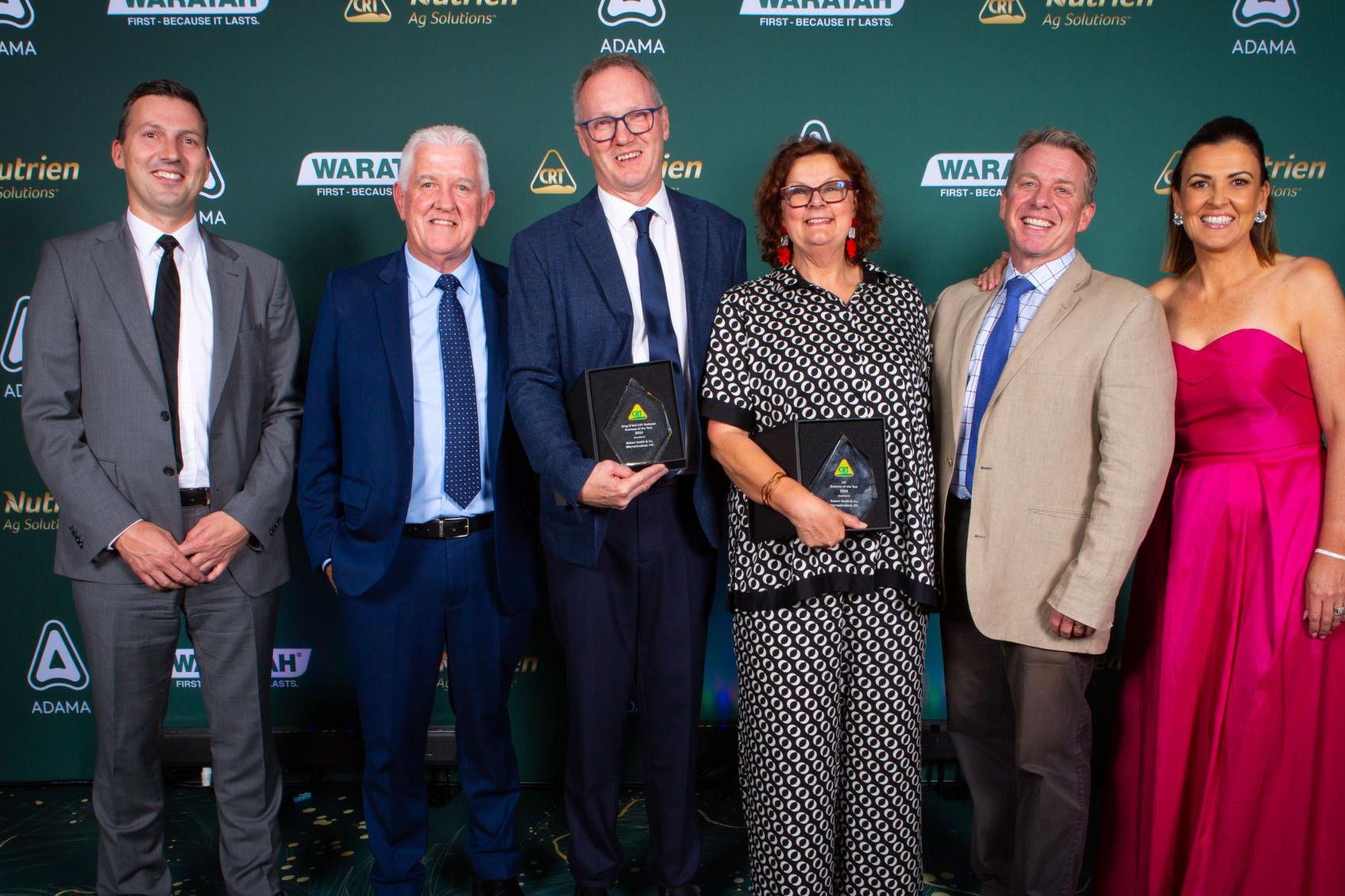 Representatives from Warracknabeal's Robert Smith and Co receive the Nutrien Ag Solutions and CRT Victorian Business Awards, and the Greg O'Niel CRT National Business Award. Picture supplied