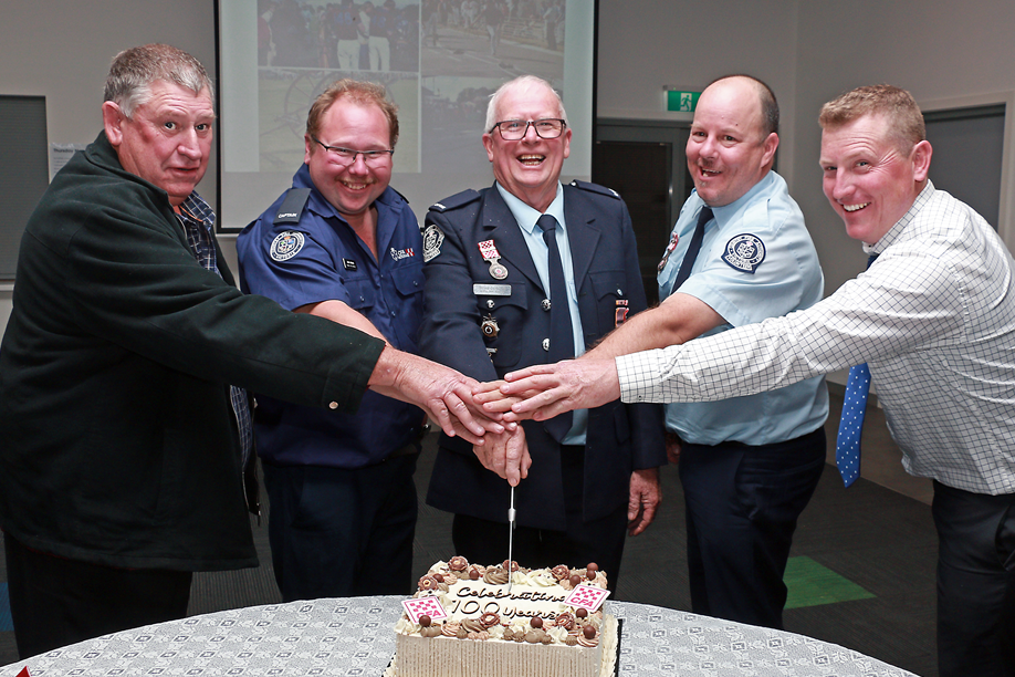  Darren Witmitz, John Heinjus, Brian Charles, Josh McCabe and Brad Witmiz celebrate 100 years of service of the Kaniva Fire Brigade. Picture supplied