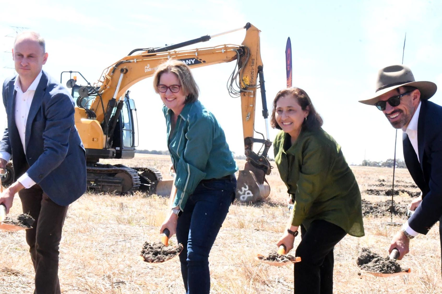 Chief executive of the SEC Chris Miller, Premier Jacinta Allan, Minister for the SEC Lily D'Ambrosio and chief executive of OX2 Paul Stormoen turn the soil at the sight of the Horsham Renewable Energy Park. Picture by John Hall