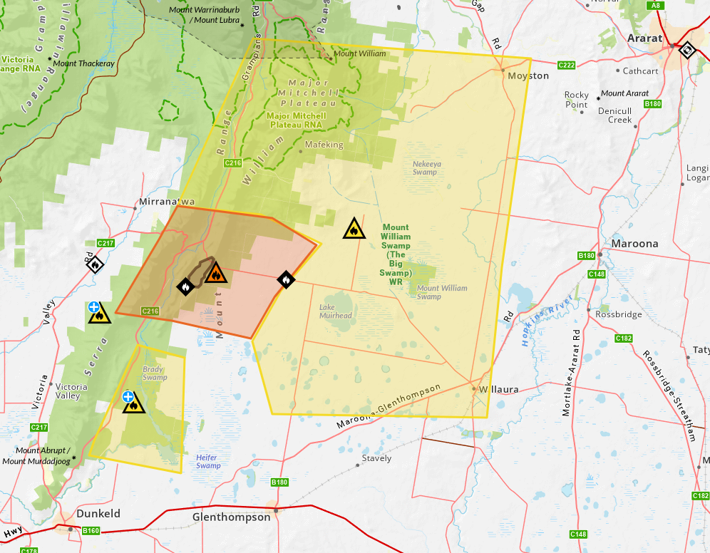 Almost 50 hectares have been burnt since 2pm as the Grampians National Park bushfire moved towards Mafeking. Picture supplied by VicEmergency 