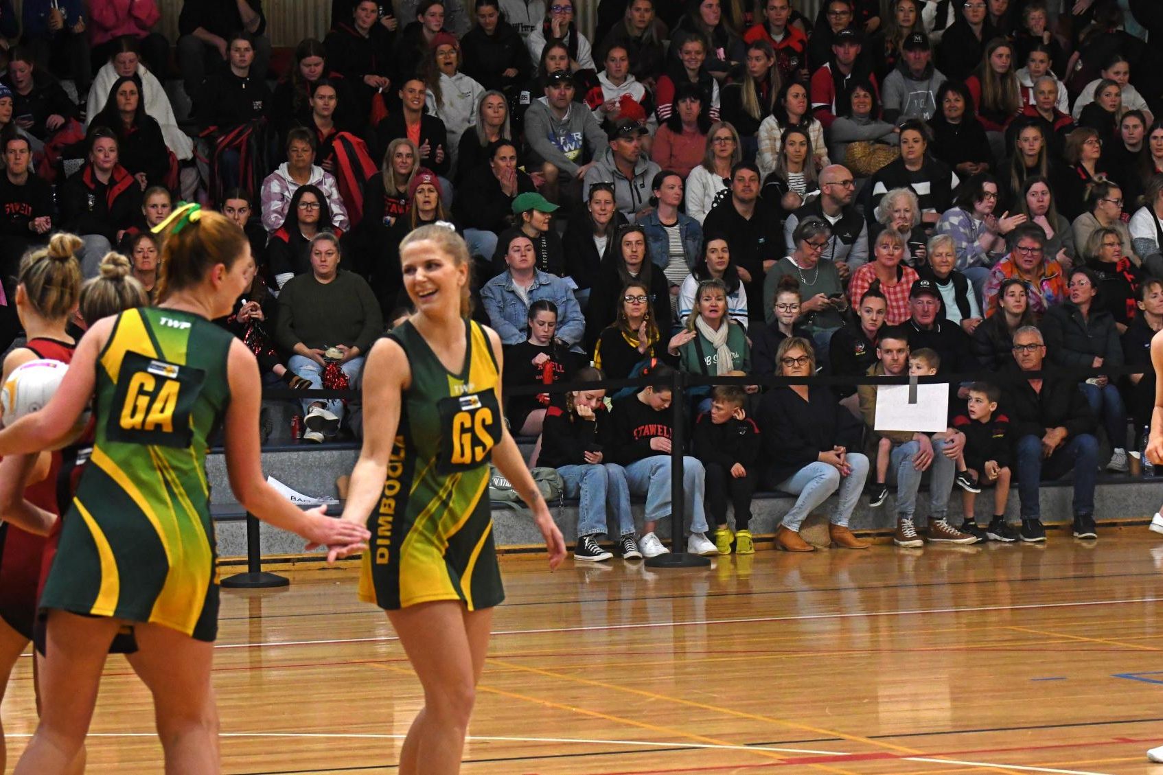 Dimboola's Olivia Beugelaar, left, and Nicole Polycarpou celebrate a goal. Picture by Ben Fraser