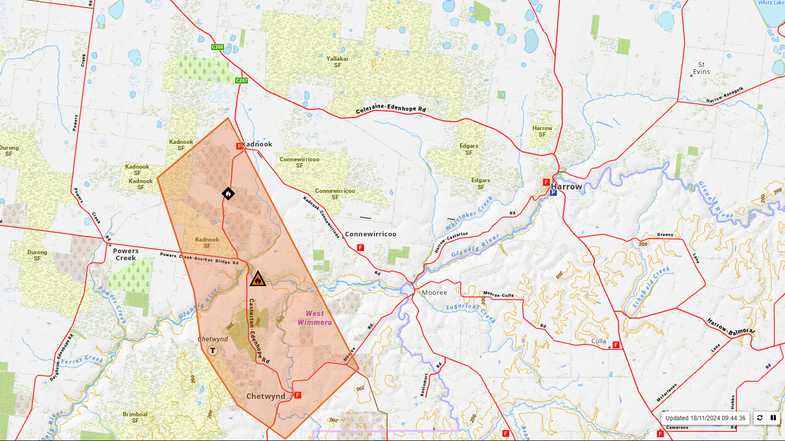 The spread of the Kadnook bushfire as of 9.45am on Monday, November 18. Picture supplied