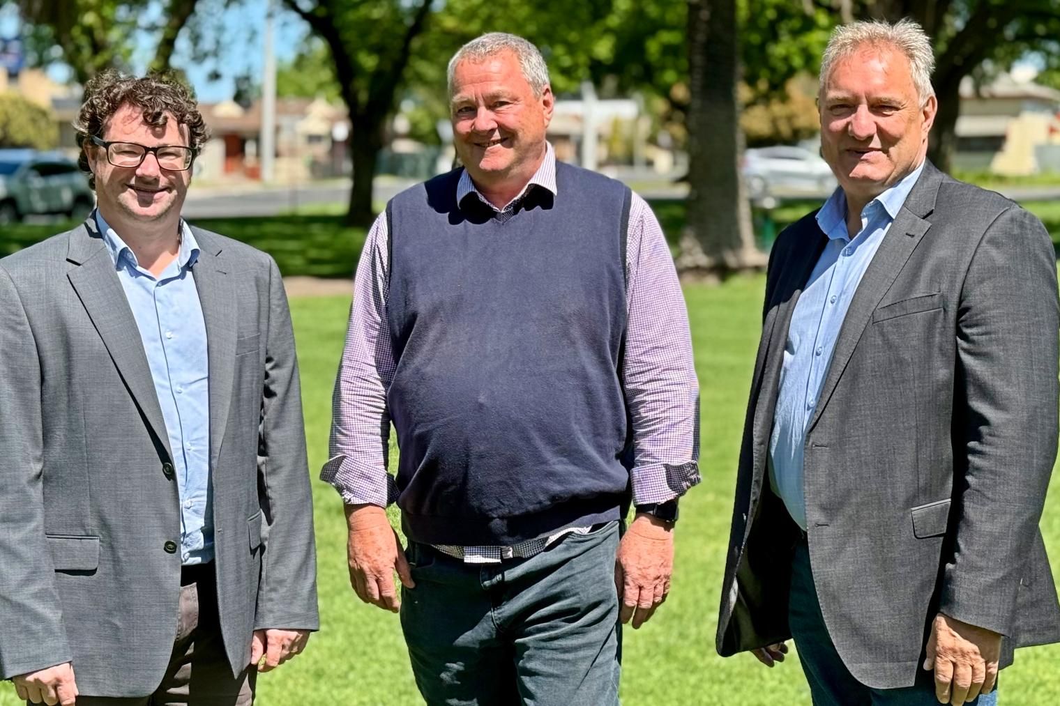 Ballarat Foundation chief executive Andrew Eales, left, with Wimmera PCP transition administrator Geoff Witmitz and chair Andrew Saunders. Picture by Ben Fraser 