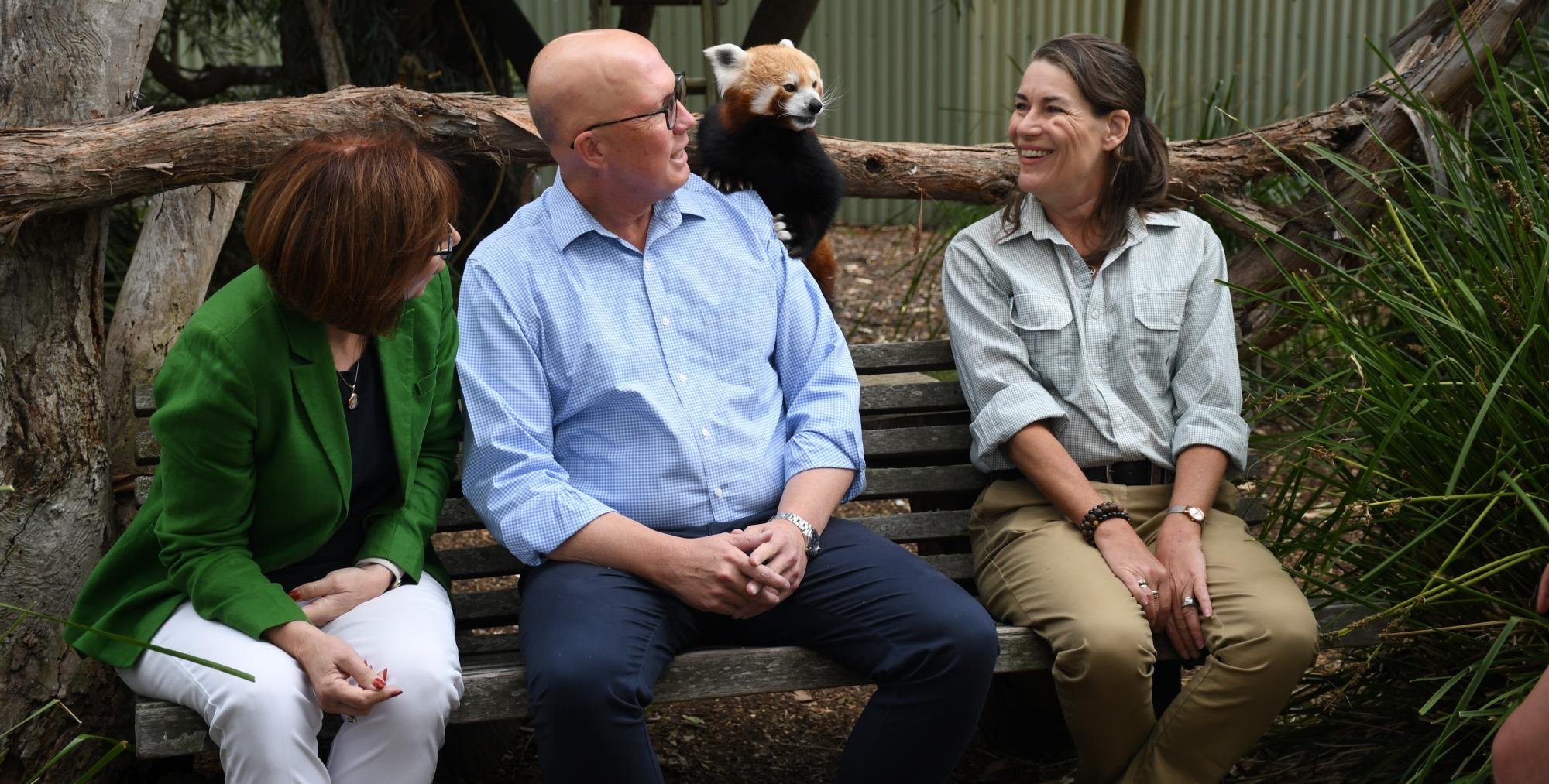 Malle MP Dr Anne Webster, left, Opposition Leader Peter Dutton and Senator Perin Davey meet Halls Gap Zoo's most popular resident, Mohan, the red panda. Picture by Ben Fraser