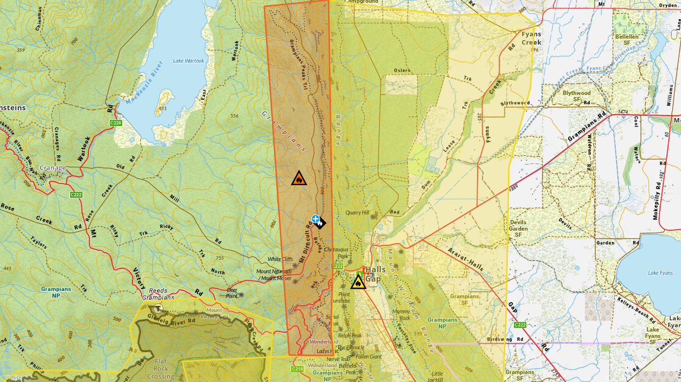 A 'Watch and Act: Leave Now' warning was issued for people on the Grampians Peak Trail following the growth of a bushfire west of Halls Gap. Picture supplied