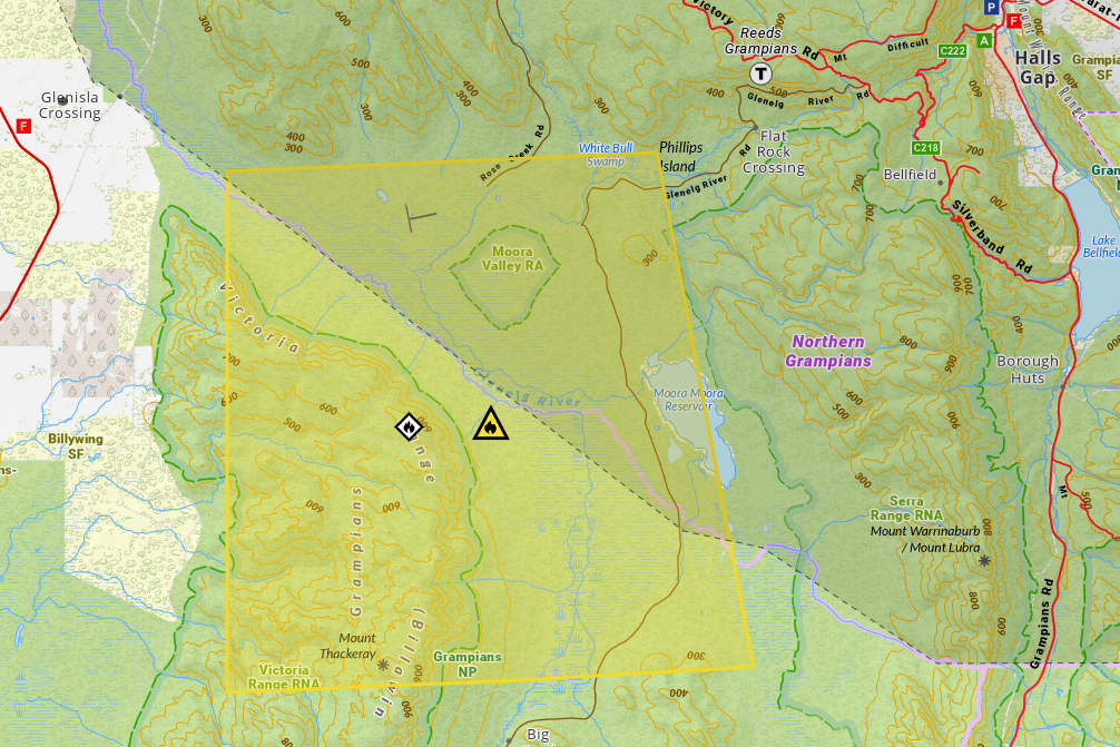 A Watch and Act message for people in the Grampians National Park near Victoria Range was downgraded overnight. Picture supplied by VicEmergency