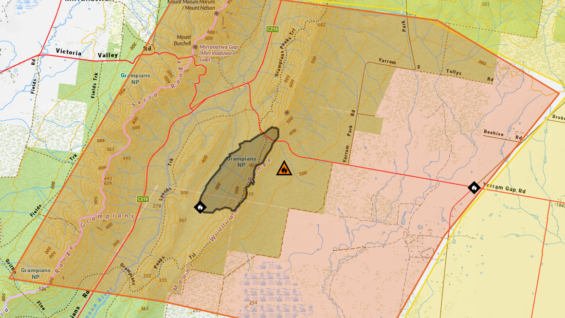 More than 280 hectares have been burnt since 2pm as the Grampians National Park bushfire moved towards Mafeking. Picture supplied by VicEmergency 