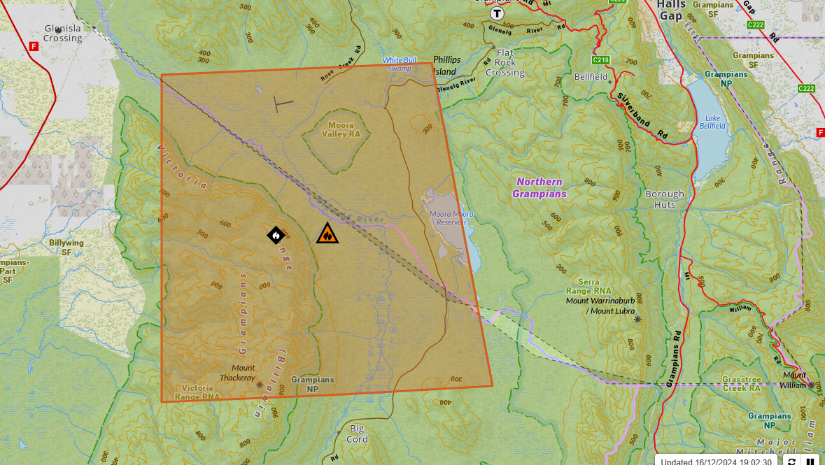 A Watch and Act message for people in the Grampians National Park near Victoria Range, Glenisla and Flat Rock Crossing. Picture supplied by VicEmergency