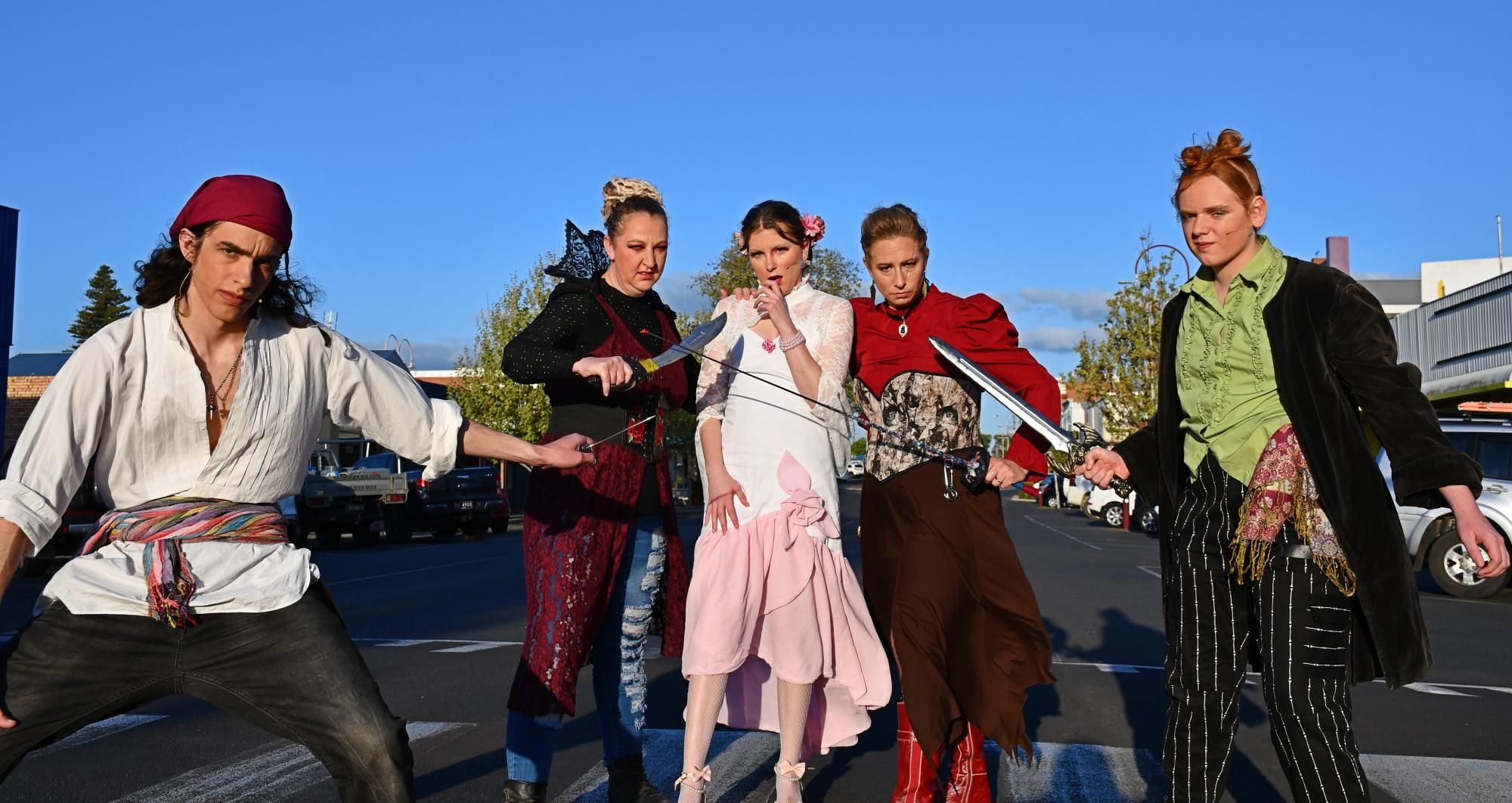 Horsham Arts Council cast members Caleb Eilola, left, Larni Finn, Bliss Wearne, Kristy Kelly and Orlan Hart unleash havoc on Horsham's CBD. Picture by Ben Fraser