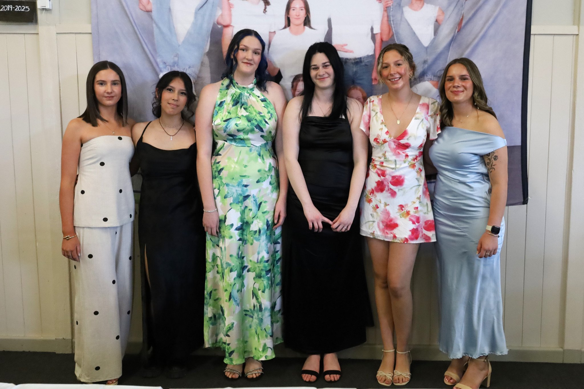 Year-12 graduates - Nekeisha Bastin, Chantelle Muggeridge, Phoebe Bigham, Anna Francis, Lilly Williams, and Holly Doxey.