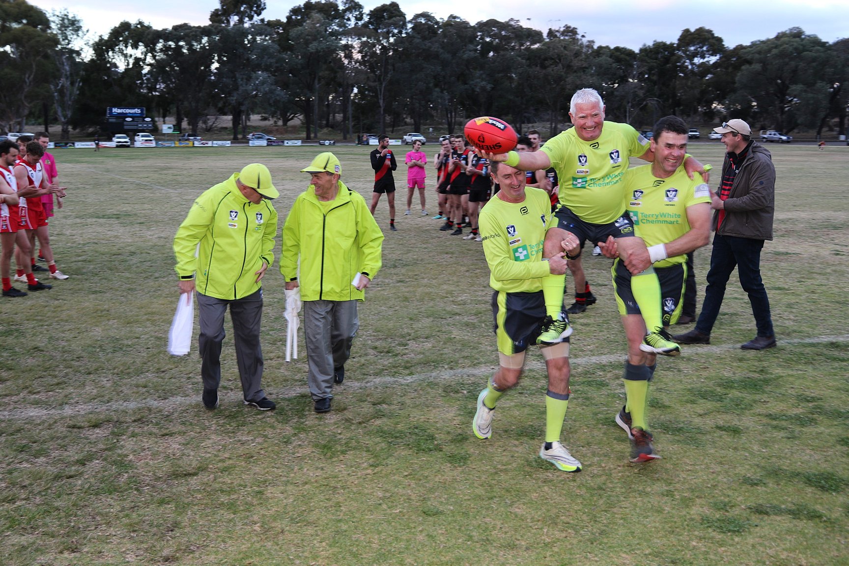Marklew getting chaired off during a guard of honour after the match. PHOTO: RAELENE JOHNSTON