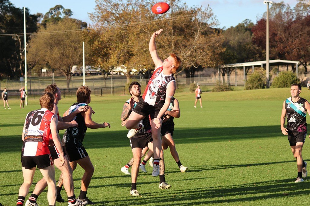 Tom McDonnell operates in the ruck for Edenhope Apsley. The Saints recorded their first senior football victory since 2024, defeating the Swifts 13.9 (87) to 10.5 (65) in round five on Saturday, May 9.