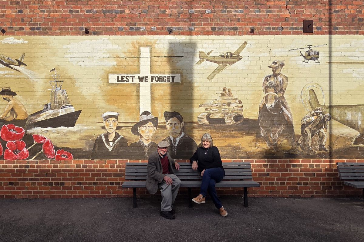 Dimboola RSL Subbranch president Charles Rees and artist Coleen Bouts showing off the completed remembrance mural facing the front courtyard on Lloyd St, a brilliant and fitting tribute to those who served in the military.