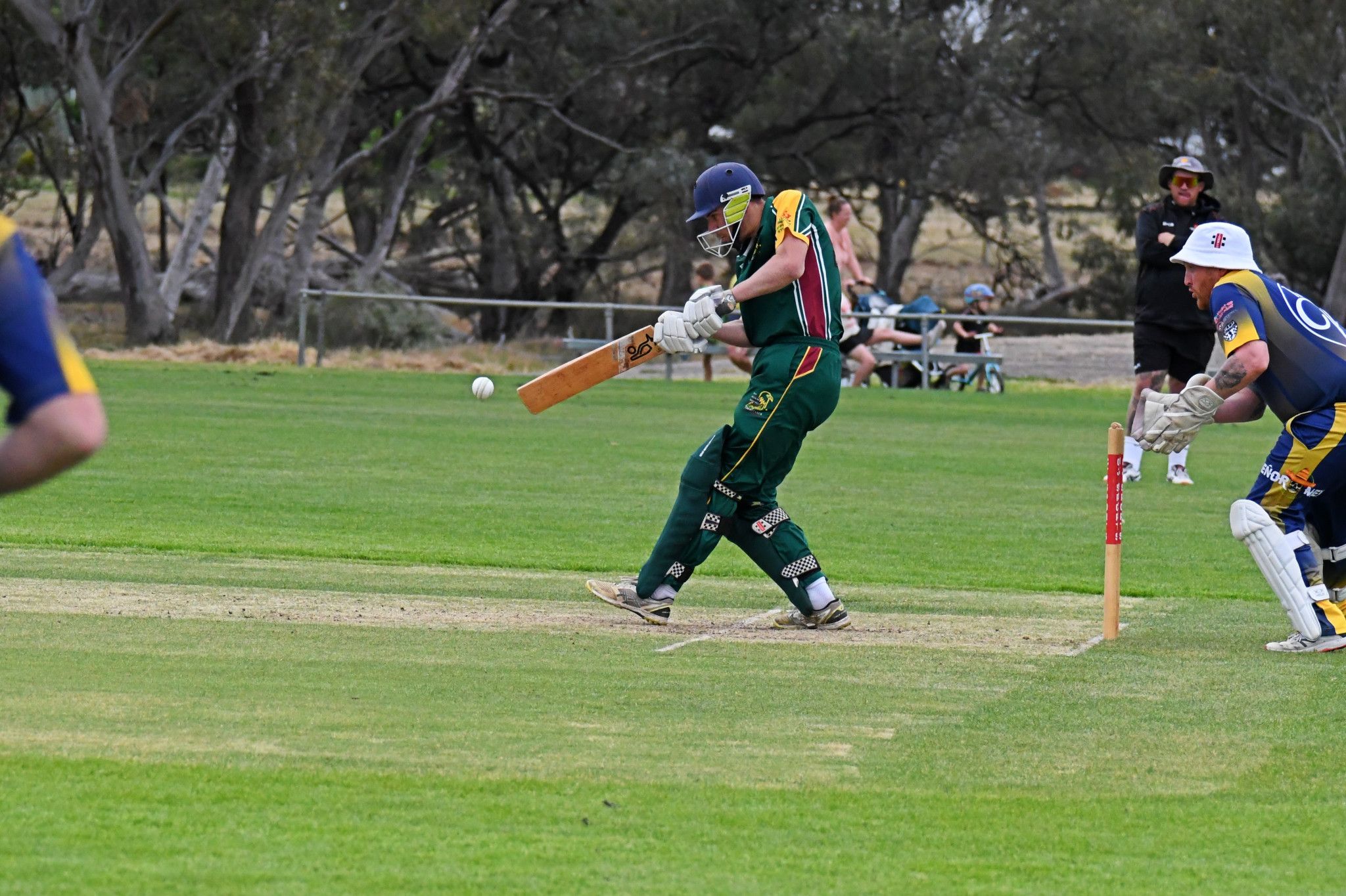 Brim Kellalac Sheep Hills' Sandon Schultz looks to get a leg-side shot away in Saturday's A grade clash with the Colts.