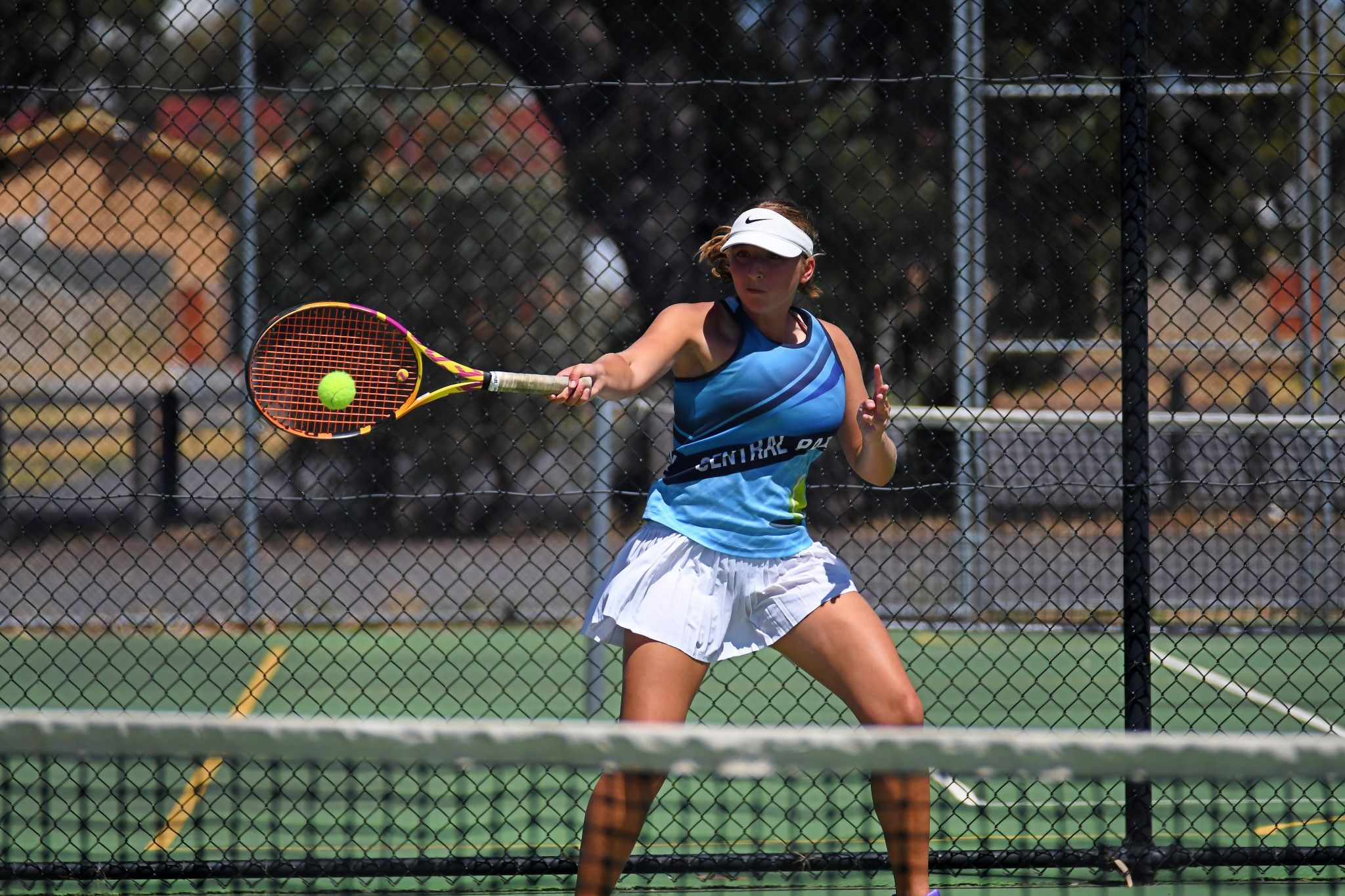 Adele Joseph strikes a textbook forehand for Central Park during their match against Horsham Lawn. Central Park emerged victorious, winning 8-6.