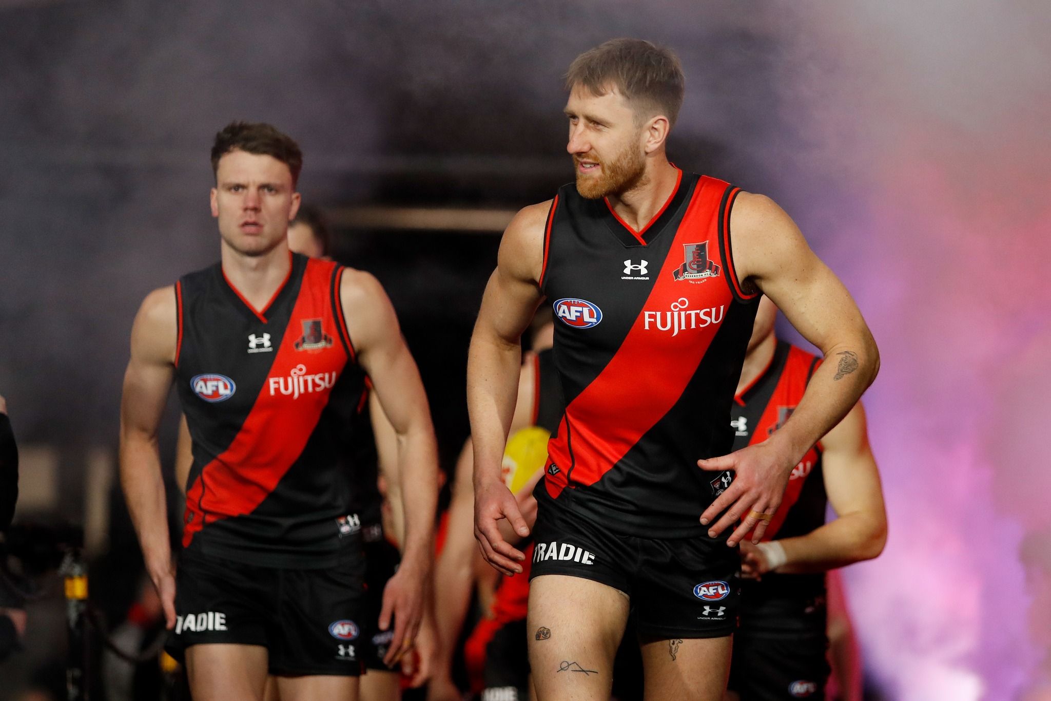 Dyson Heppell leads the Bombers out when he captained them.