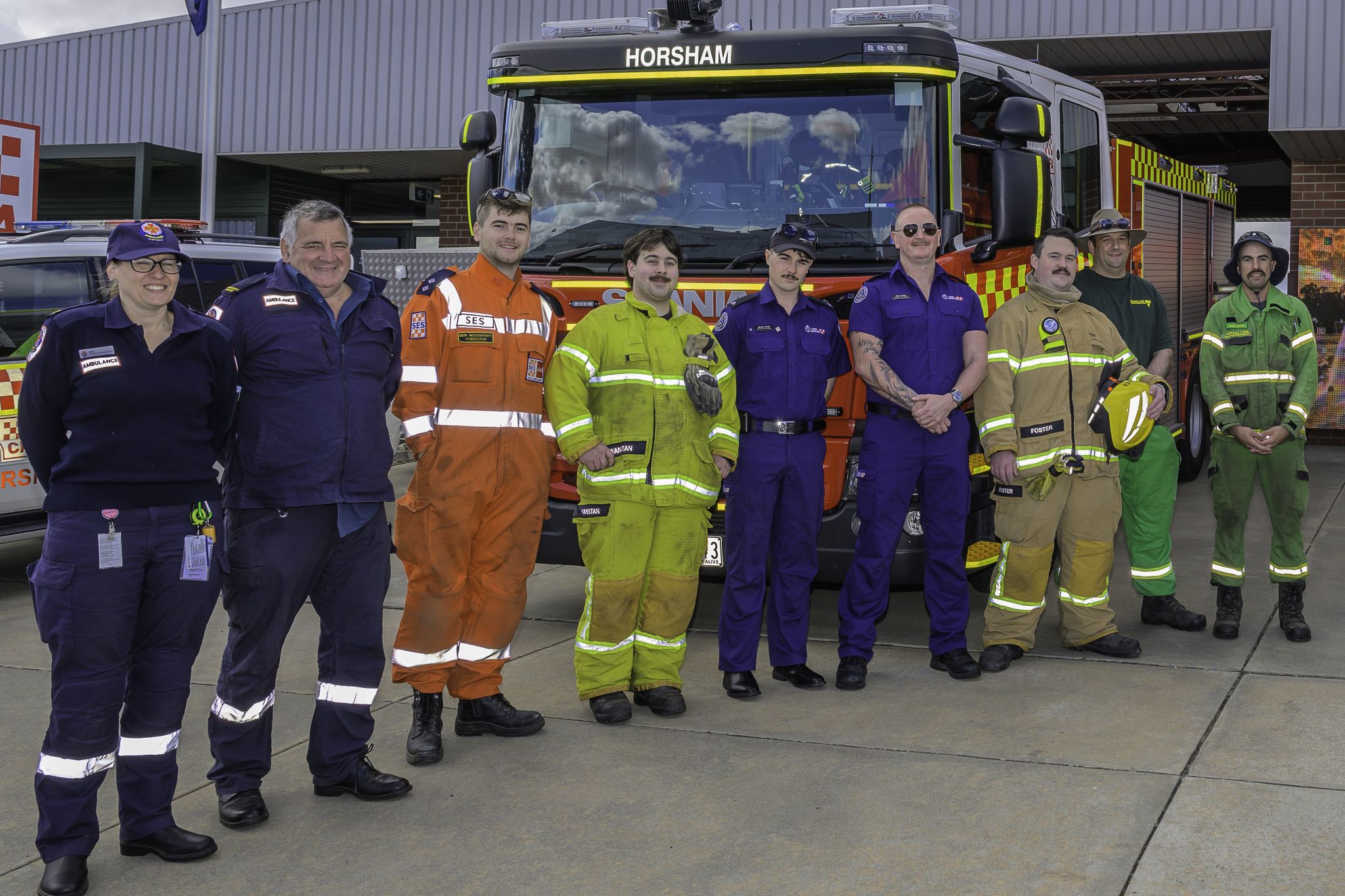 Horsham CFA marked its milestone with a packed open day, vintage fire trucks, and proud members past and present celebrating a century and a half of community service. The major milestone was marked by emergency services representatives from across the region, including Ambulance Victoria's Amy Bentley (left) and Hamish Griffiths, CFA's Ben Woodhart, Curtis Vanstone, Calllum Taylor, and Philip Jaboor, and FFM Vic's Lachlan Zordan.