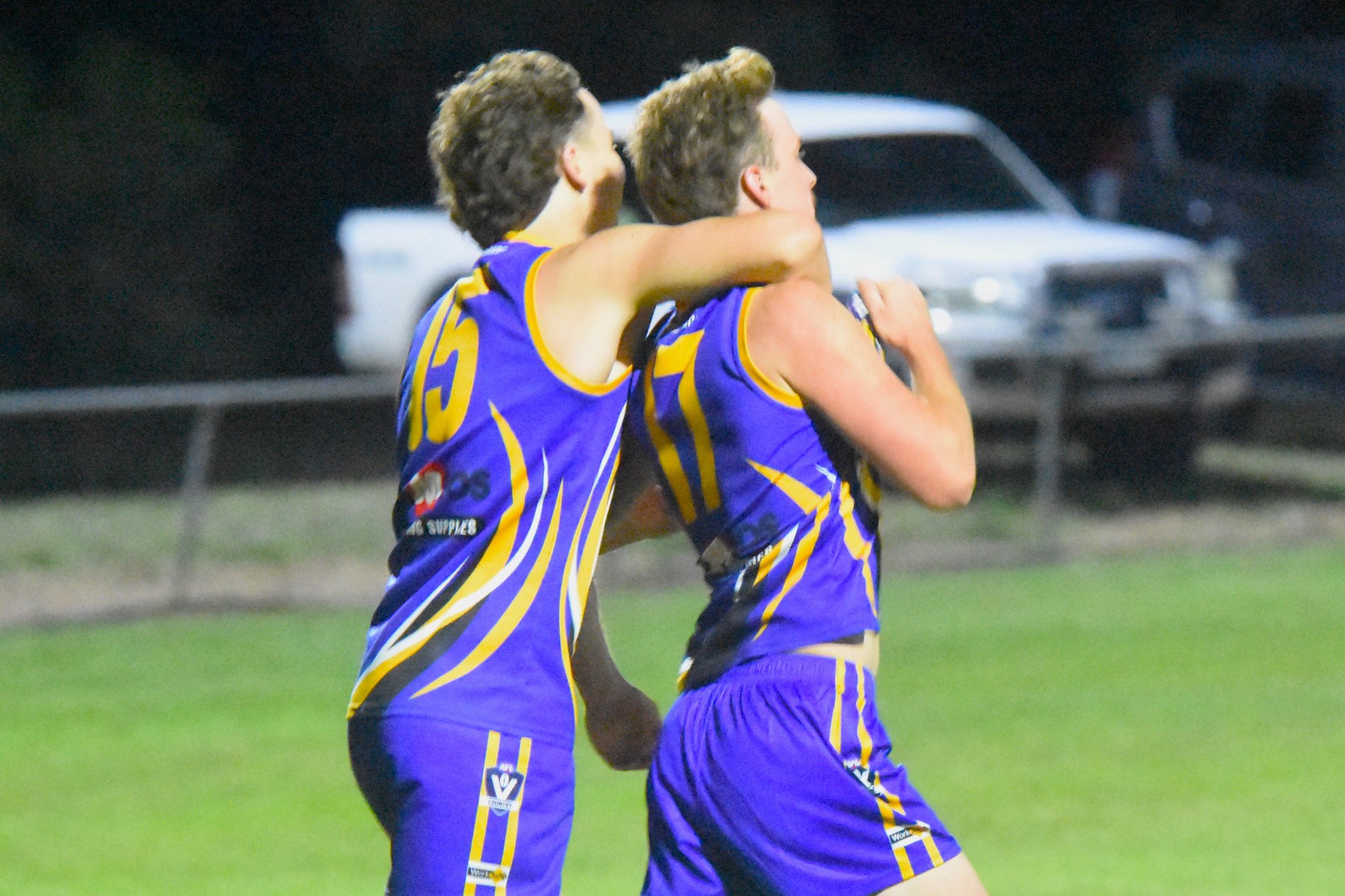 Natimuk United's Billy Taylor and Cody Frizon celebrate a fourth-quarter goal. The Rams controlled the game from the second quarter to defeat the Panthers by 59 points.