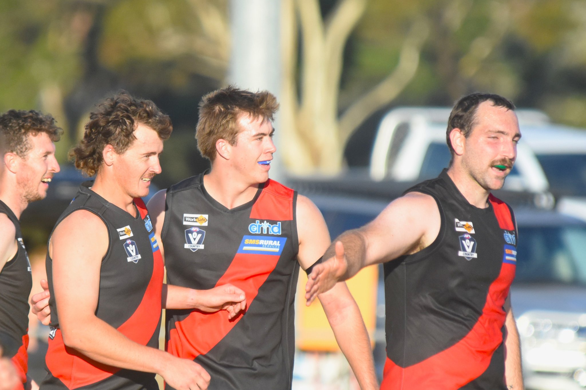 The Bombers celebrate a fourth-quarter goal from Dylan Shelley in their 139-81 victory over Natimuk United in round three of the HDFNL on Sunday, April 26.