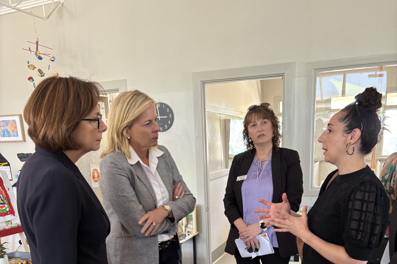 MP's Dr Anne Webster and Angie Bell, and Yarriambiack Shire Council CEO Tammy Smith listen intently to Emerge Early Years Services CEO Elicia Napoli during their visit to Hopetoun early years building last year. Photo: CAITLIN MENADUE