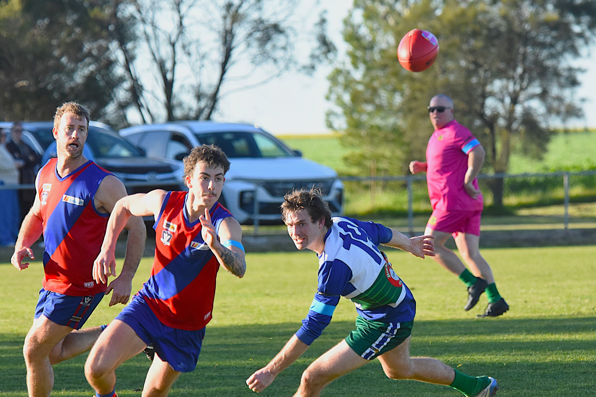 Kalkee's Cooper Jardine eyes the loose ball during his team's match against Kaniva Leeor United. The Kees proved too strong at home for the Cougars, coming away with a 14.11 (95) to 10.6 (66) victory.