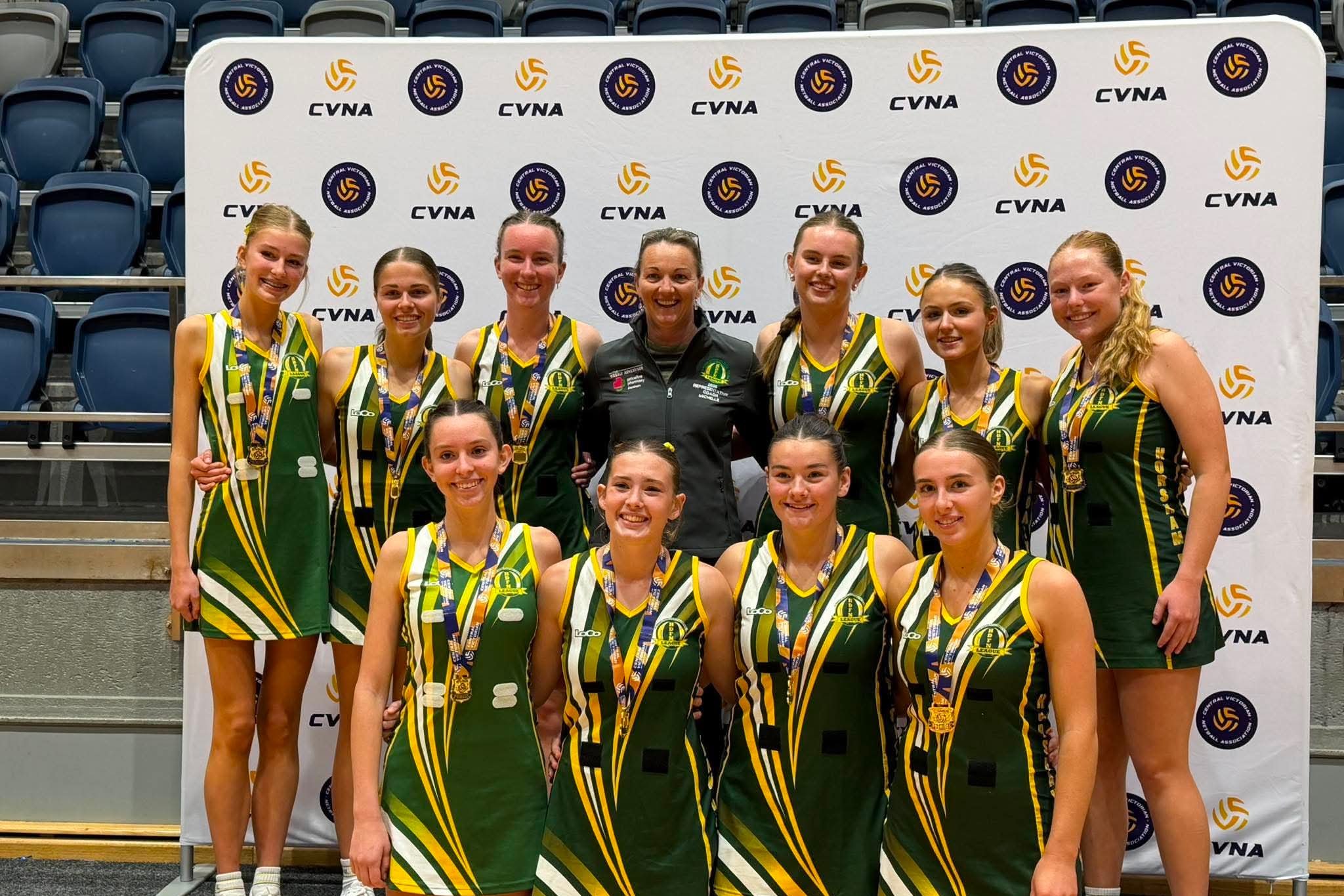 The successful Horsham District under 17 representative netball side celebrate after winning their age division at the Central Victoria Netball Association Tournament, held in Bendigo on May 31.