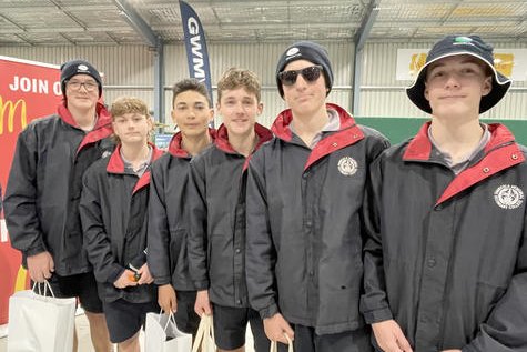Max Spokes, Cooper Howlett, Eli Badua, Flynn Hutson, Reef Ward and Flynn Baker from Dimboola Memorial Secondary College explore the Wimmera Careers Expo. Photo: CAITLIN MENADUE