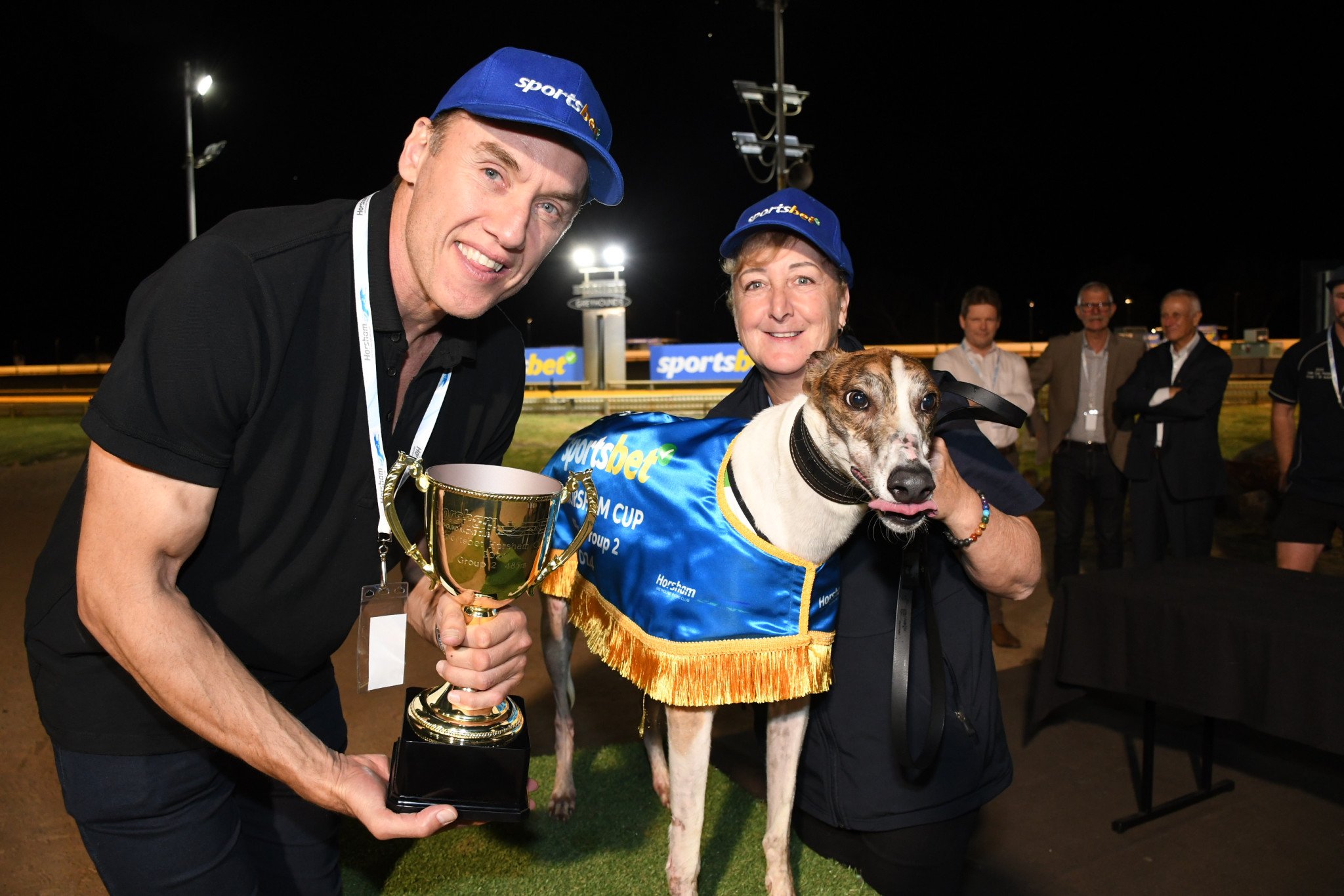 Anthony Koutoufides with trainer Michelle Mallia and winner Fernando Phil.